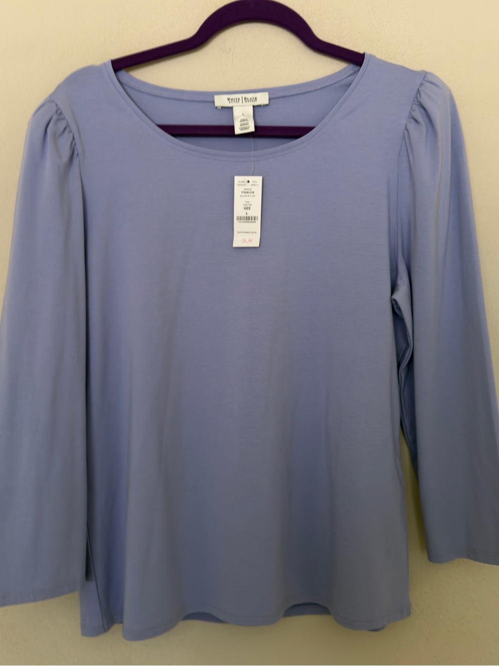 White House Black Market Women Large 3/4 Puffy Sleeve Top Violet Purple Ringer